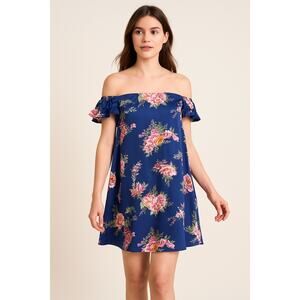 BHLDN Navy Floral Off-the-Shoulder Mini Trapeze Dress Romantic Ruffle Sz XS